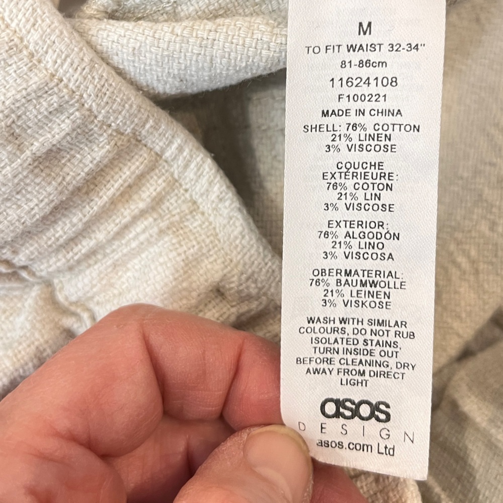ASOS Design Wide Straight Leg Pants Pintuck Cotton Linen Blend Neutral Unisex M - Picture 7 of 7